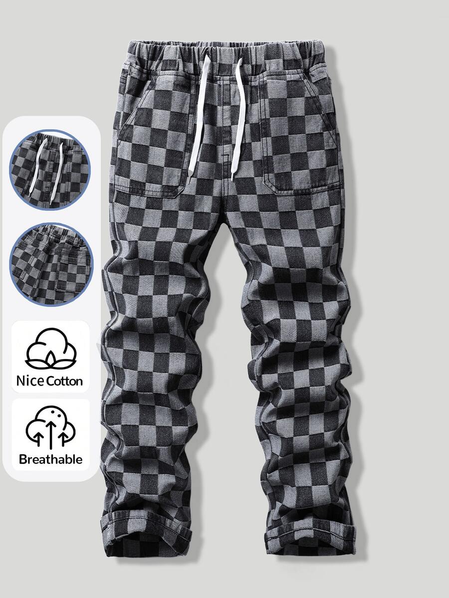 SHEIN Tween Boys Denim Pants Winter Autumn New Street Material Usd Black And White Checkered Style Medium - Black and White - View 1