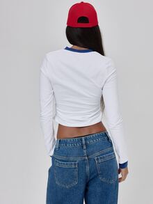 MUSERA White Graphic Detail Long Sleeve Top Fall Autumn Winter Coolgirl Back To School Blancs - White - View 5