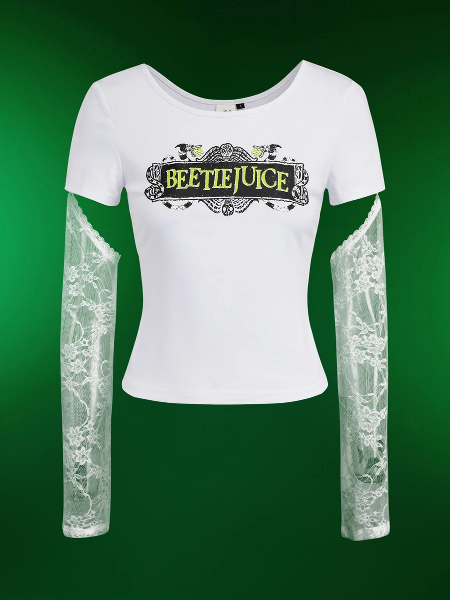 Beetlejuice X SHEIN Women's Street Letter Print Lace Patchwork Cuff Top - White - View 1