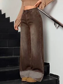 SHEIN Tall 冬季女款休閒水洗復古時尚翻邊設計寬腿牛仔褲 - 棕色 - 查看 5