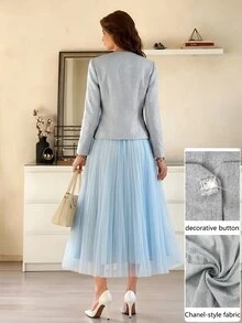 Modelyn Rhinestone Square Buckle Short Jacket Slimming Layered High Waist Chiffon Long Skirt Light Blue Gentle Style Women's 2 Pieces Set - Blue - View 4
