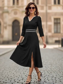 EMERY ROSE V Neck Contrast Piping A-Line Midi Dress, 3/4 Sleeve High Waist Fit & Flare Elegant Dress For Work Fall - Black - View 6