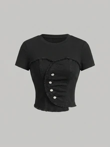 SHEIN MOD 女款休閒修身彈性短袖拼接牛仔上衣 - 黑色 - 查看 1