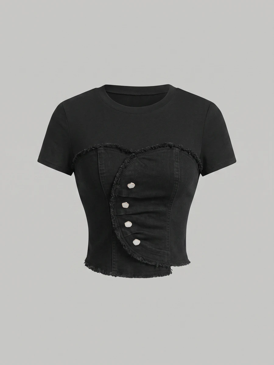 SHEIN MOD 女款休閒修身彈性短袖拼接牛仔上衣 - 黑色 - 查看 1