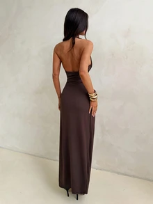 Aloruh Coffee Brown Party Ball Halter Neck Tie Deep V-Neck Boning Seam Waist Cinched Ruched Extra Long Dress For Women - Coffee Brown - View 2
