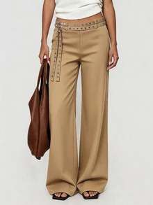 Avenya Low Waist Rivet & Ribbon Decor Wide Leg Pants, Slimming Drape, Casual Daily Commute - Khaki - View 3