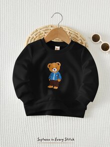 Cozy Pixies 男嬰卡通熊圖案圓領長袖套頭運動衫，全印花T恤上衣，秋季上衣 - 黑色 - 查看 3