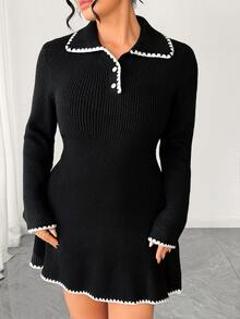 Elenzga Plus Size Women's Colorblock Lace Trim Polo Collar Knit Sweater Dress - Black and White - View 5