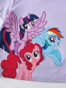 My Little Pony X SHEIN طقم ملابس نوم منزلية كاجوال يومي للبنات الصغيرات بنقشة كرتونية، توب بأكمام قصيرة وشورت - الأرجواني - مشاهدة 4