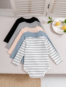 SHEIN Playful Pals 5件裝新生兒男嬰連身衣 可愛藍色、白色、灰色、珊瑚色 羅紋條紋長袖翻領休閒款 秋季白色襯衫連身褲 按扣式 - 彩色 - 查看 2