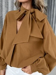 Pariaura European And American Style Autumn/Winter New Fashion Versatile Solid Color Diagonal Stripe V-Neck Tie Loose Elegant Commute Design Long Sleeve Blouse - Coffee Brown - View 6
