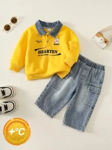 SHEIN 2pcs Baby Boy Autumn/Winter Letter Print Contrast Color Shirt Collar Long Sleeve Pullover Sweatshirt & Denim Jeans Two Pieces Set, Yellow Sweatshirt Racing Outfit, Sweatshirt Set, Denim Set - Multicolor - View 3