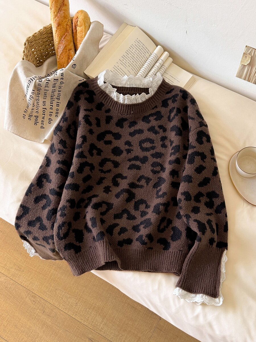 Story & Sage Women's Street Fashion Lace Patchwork Leopard Print Jacquard Sweater - Multicolor - View 1