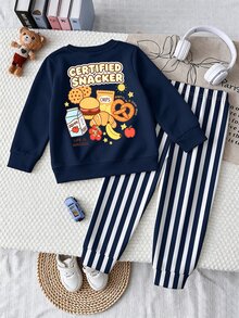 1套幼童休閒食物與零食印花圓領長袖衛衣套裝，卡通漢堡餅乾牛奶趣味圖案，寬鬆版型標準肩寬長袖薄款2件套，適合日常外出、幼兒園、旅行，百搭男童服飾，春秋幼童時尚長袖衛衣與長褲套裝，嬰兒外套運動套裝 - 彩色 - 查看 2