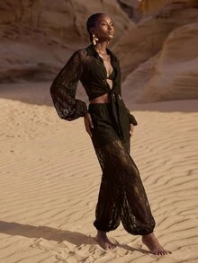 Zivah Women's Elegant Lace Sheer Blouse And Lantern Pants 2 Pieces Set For Beach Party - Brown - View 7