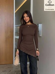 Siren Gaze Kaos Lengan Panjang Slim Fit Katun Wanita Motif Renda Patchwork Warna Cokelat untuk Musim Gugur/Dingin, Formal, Bisnis, Chic, Natal, Tahun Baru, Acara Santai, Peplum A-Line - Coffee Brown - View 8