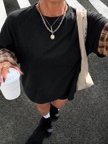 Muchica Plus Size Street Fashion Plaid Patchwork Long Sleeve Shirt - Black - View 4