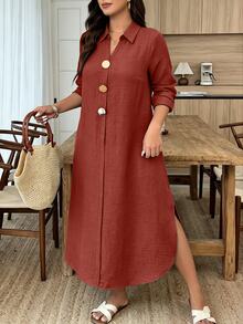 Weeklong Women's Plus Size Spring/Autumn Pullover Loose A-Line Dress With Exquisite Metal Buckle Decoration - Burgundy - View 1