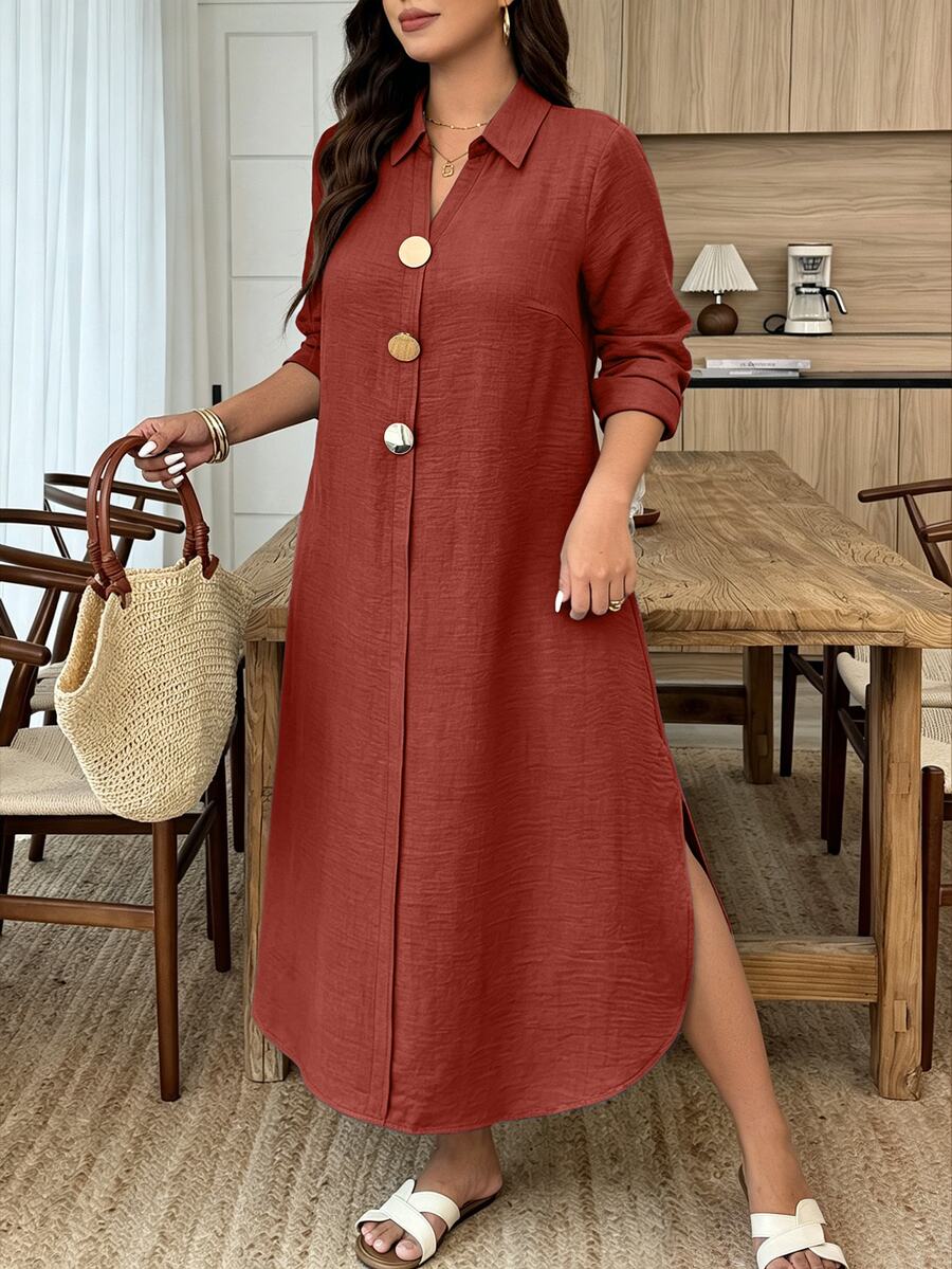 Weeklong Women's Plus Size Spring/Autumn Pullover Loose A-Line Dress With Exquisite Metal Buckle Decoration - Burgundy - View 1