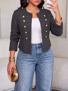 SOLERSUN Plus Size Short Military Style Jacket, Round Neck Double-Breasted Gold Buttons, Shoulder Epaulette Design, High Waist Cropped Top, Vintage Commuter Jacket - Dark Grey - View 1