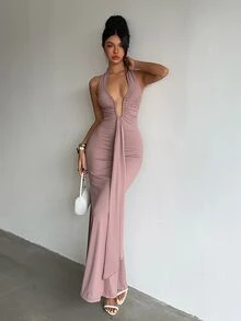 Nuvra Women's 2-In-1 Halter Neck Tie Strap Tummy Control Butt Lift Waist Shaping Body Sculpting Long Dress - Brown - View 9