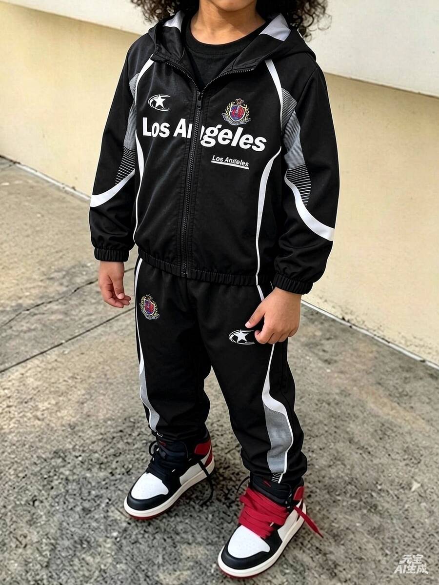2pcs/Set Boys Casual Streetwear Slogan Print Patchwork Long Sleeve Zip-Up Cardigan Jacket And Pants Set, Suitable For Spring/Autumn Daily Casual Wear, Suitable For Autumn/Winter Young Boy Outfit, Comfortable Fabric, Fashionable Fit, Spring/Summer New Style, Suitable For Multiple Seasons And Occasions - Black - View 1