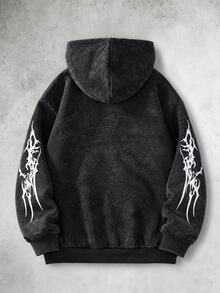 SHEIN 1件青少年男孩圖案印花開襟雪洗衛衣，舒適新穎面料，適合運動穿搭與多季節穿著 - 黑色 - 查看 2
