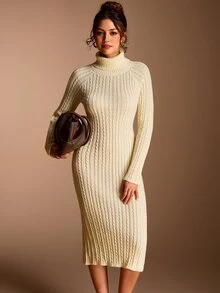 SHEIN BASICS Women's Solid Color High Neck Raglan Long Sleeve Slim Fit Elegant Knit Dress - Beige - View 5