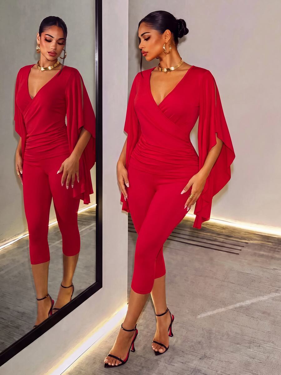 BamGleam Women's Solid Color Overlap V-Neck Flare Sleeve Top And Leggings Fashion 2 Pieces Set - Red - View 1