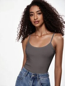 SHEIN BASICS 女款素色休閒日常穿搭細肩帶背心上衣 - 深灰色 - 查看 8