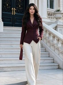 Modelyn Women's Burgundy Woven Cinched Waist Padded Shoulder Long Sleeve Button-Up Romantic Elegant Blazer - Burgundy - View 9