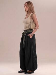Avantive Women's Plaid Patchwork Drawstring Waist Pocket Loose Long Pants - Black - View 7