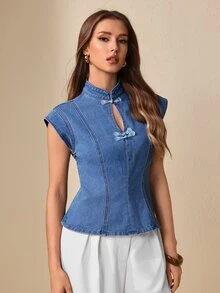 Selenza Women's Fashion Versatile Cinched Waist Frog Button Denim Top - Blue - View 5