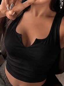 Slaydiva (Premium Fabric Version) - Summer Knitted Fine Ribbed Multi-Functional Sleeveless Cropped Solid Color Notch Neck Tank Top - Black - View 7