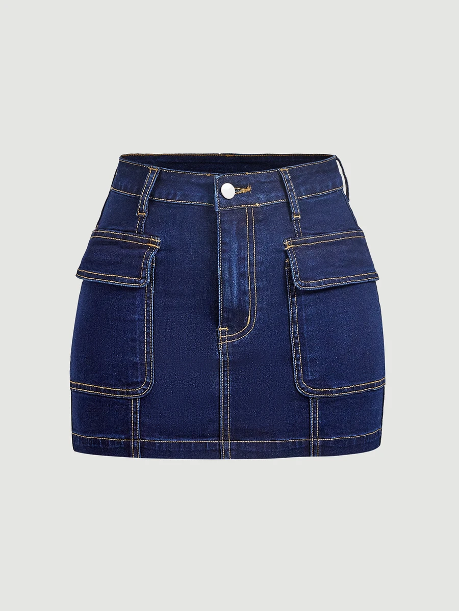 SHEIN MOD 女款鈕扣休閒日常牛仔迷你裙 - 深色水洗藍 - 查看 1