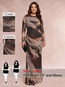 SHEIN Tall CURVE 大尺碼紮染長袖抓皺度假洋裝 秋季款 - 彩色 - 查看 1