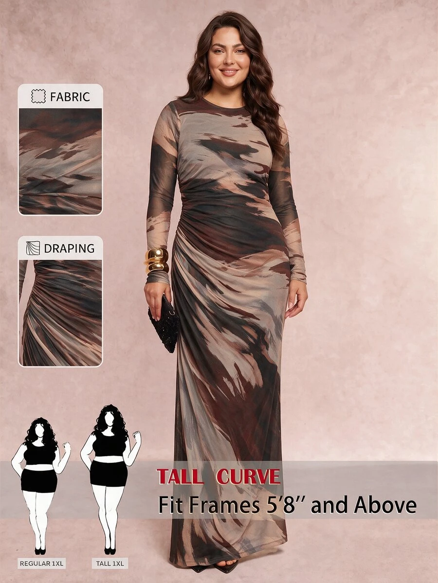 SHEIN Tall CURVE 大尺碼紮染長袖抓皺度假洋裝 秋季款 - 彩色 - 查看 1