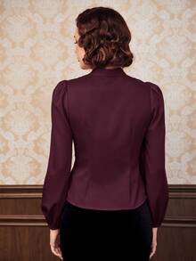 Vintamour Áo blouse nữ màu trơn thiết kế cúc tay dài phồng - Màu đỏ tím - Xem 2
