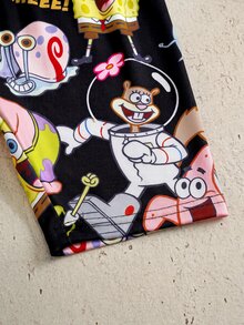 SpongeBob SquarePants | SHEIN 小男孩圓領短袖上衣與短褲休閒套裝 - 黑色 - 查看 6