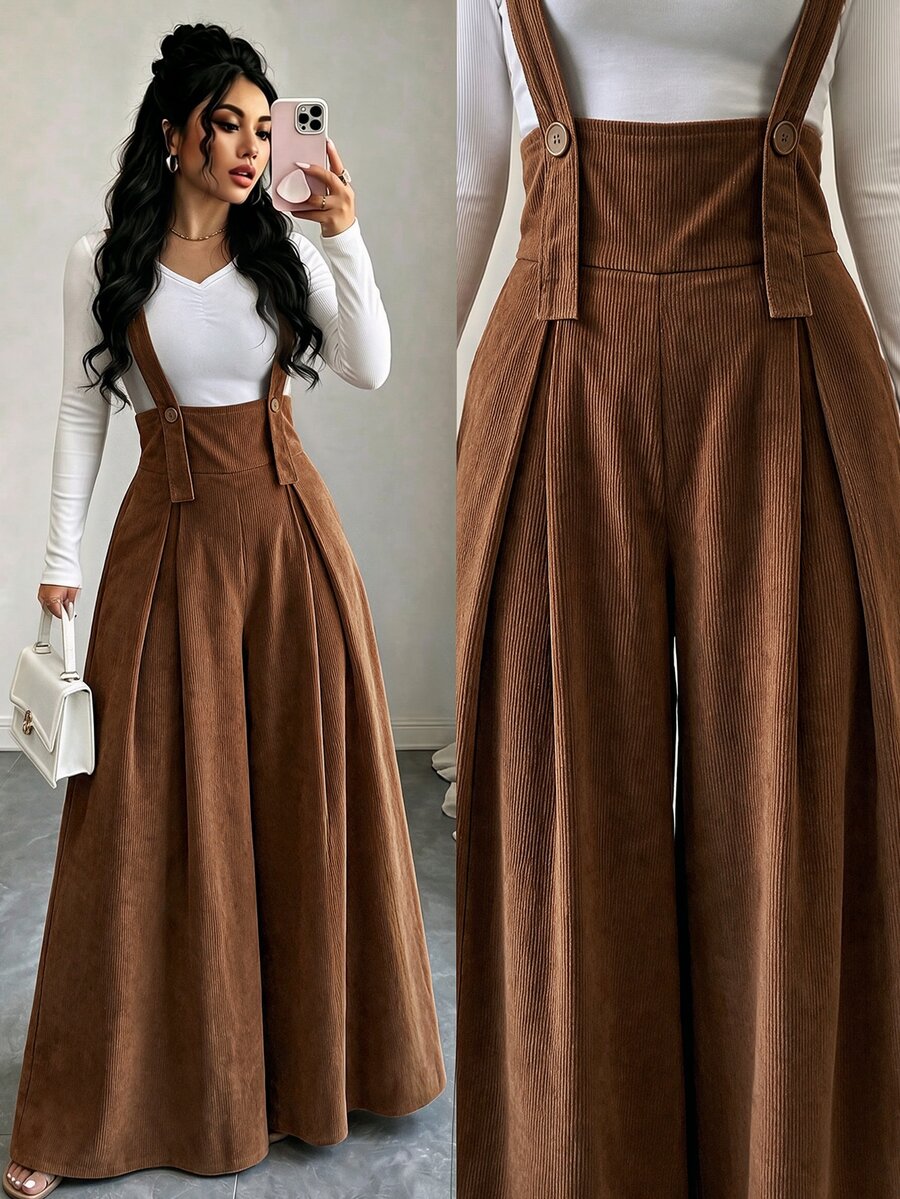 Celisse Women's Solid Color Pleated Casual Daily Wear Overalls Long Pants - Coffee Brown - View 1