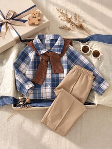 SHEIN Baby Boy Plaid Pattern Collared Long Sleeve Button-Up Shirt, Elastic Waist Long Pants, Solid Color Shawl 3 Pieces Set, Versatile And Comfortable - Royal Blue - View 5