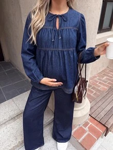 SHEIN 孕婦休閒前綁帶長袖上衣與牛仔褲兩件套 西式女裝 牛仔女郎秋季穿搭 - 藍色 - 查看 5