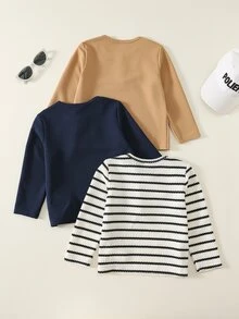 SHEIN 3件組兒童小男孩秋冬針織條紋T恤上衣 基本款多件裝小男孩T恤 秋冬上衣 - 彩色 - 查看 2