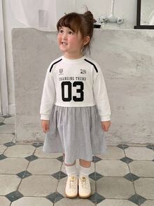 DAZY Infant/Toddler (Girl) Round Neck Striped Patchwork Short Sleeve English Print Dress - White - View 6