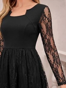 Amorya Women's Lace Patchwork Pleated Casual Party Mid-Length Dress - Black - View 3