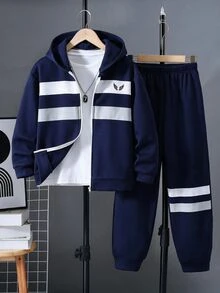 SHEIN 2件組兒童青少年男孩運動休閒日常舒適白色字母裝飾與白色條紋海軍藍寬鬆連帽衛衣與長褲套裝，適合外出、學校、日常運動，秋冬季 - 彩色 - 查看 4