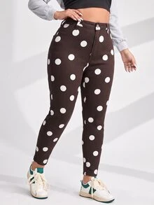 Jeanoix Plus Size Women Polka Dot Print Skinny Denim Leggings - Multicolor - View 3