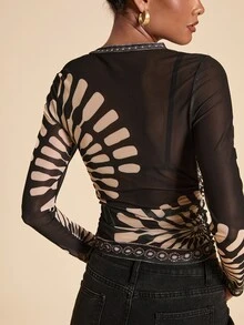 Travachic Women's Printed Mesh Slim Fit Fashion Long Sleeve Top - Black - View 2