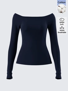 SHEIN BASICS Áo thun tay dài trễ vai ôm dáng màu trơn đa năng mặc hằng ngày cho nữ - Màu xanh hải quân - Xem 4