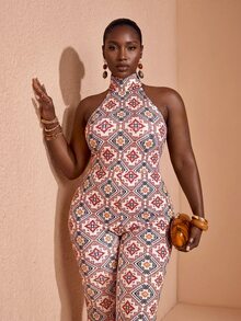 JIAN LASALA All-Over Print Halter Neck Tie Sleeveless Flared Leg Women Summer Plus Size Jumpsuits Boho Casual - Multicolor - View 6